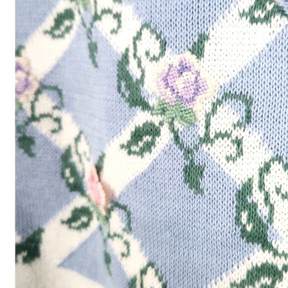 Vintage Spring Floral Bunny Knit Cardigan Sweater MEDIUM Bows Cottage Easter - Picture 7 of 9